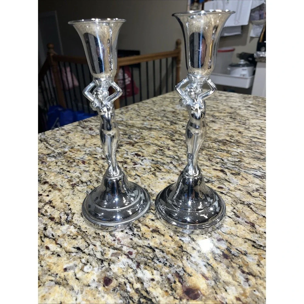 FARBER BROS KROME KRAFT ART DECO CANDLESTICKS Of NUDE LADIES